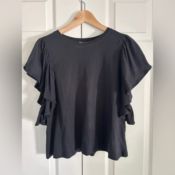 Zara Black Crop Top w/ Flutter Sleeves, sz Large NWT - Picture 1 of 3